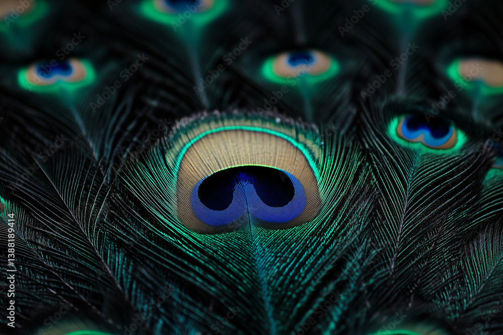 Poster peacock feather’s intricate display: a close-up view showcases the exquisite detail of a peacock fea