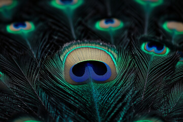 Fototapeta premium Peacock Feather’s Intricate Display: A close-up view showcases the exquisite detail of a peacock feather, displaying the mesmerizing colors and intricate patterns.