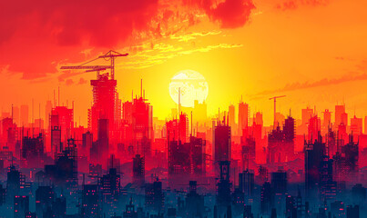 Fototapeta premium Vibrant Urban Skyline at Sunset with Construction Cranes and Skyscrapers in Various Stages of Build, Depicting Growth and Development in a City