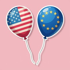 US and EU Trade Wars Symbolized by National Flag Balloons on a Pink Background