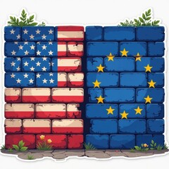Trade tensions illustrated through a divided wall of US and EU flags