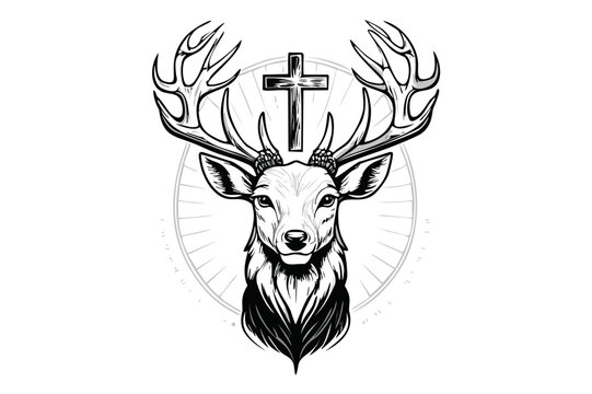 Majestic Red Deer Buck and the cross of St. Hubert , portrait of deer, great adult noble red deer with big beautiful horns and cross (Cervus elaphus)