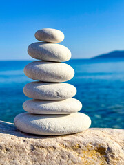 CLOSE UP: Perfectly balanced stack of six smooth white stones is positioned on a rock surface overlooking blue ocean. Wavy sea and clear sky create a tranquil backdrop, evoking peace and mindfulness.
