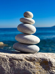 Small tower of smooth white pebbles is neatly balanced on a seaside rock. Clear blue sea and sky enhance the peaceful, meditative feel. A minimalist, natural composition evoking balance and calm.