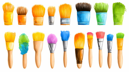 A vibrant collection of paintbrushes ready to unleash creativity, showcasing a spectrum of colors and brush types in a watercolor style.