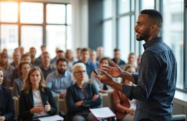 Professional speaker shares insights on teamwork, public speaking, leadership in modern conference. Diverse audience engaged in interactive sessions, business meeting, seminar, training in workplace.