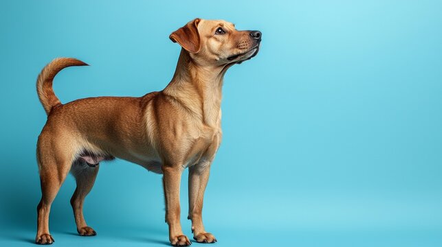 A small brown dog stands on a blue background