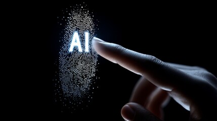 Finger touching digital fingerprint with AI text in neon lights