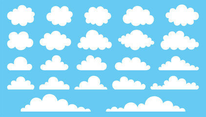 Set of cartoon clouds with various shapes on blue sky background. Simple and cute white puffy cloud. Vector hand drawn illustration in flat style.