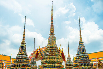 Group of Thai Stupas Phra Chedi Rai in Wat Pho Temple Complex in Bangkok city, Thailand....