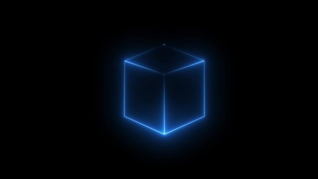 Abstract background, cube box with glowing neon lines on black background. Neon 3d square box stroke icon. Square box with bright.