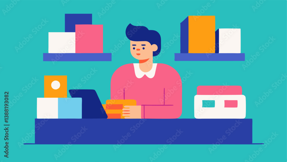 Poster curator at a desk a professional seated at a modern desk surrounded by colorful packaging and produc