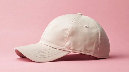 Fototapeta premium A tan hat with a white band sits on a pink background