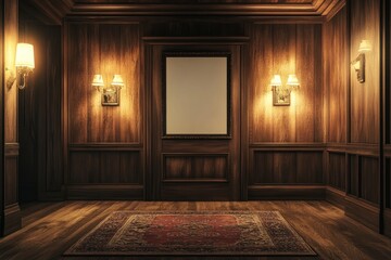 Fototapeta premium A dimly lit interior room with wood paneling and ornate lighting