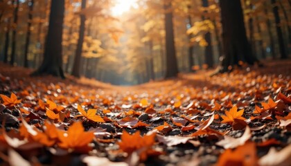 Autumnal Forest Floor: Golden Leaves and Sunlit Path.