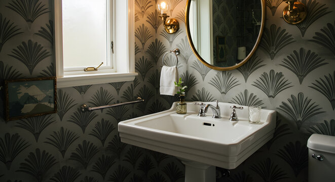 Fototapeta Stylish Retro Powder Room with Pedestal Sink and Art Deco Wallpaper Design