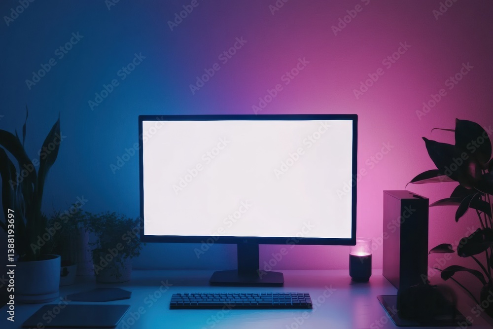 Poster sleek desktop monitor with bright screen in minimalistic workspace softly illuminated with ambient l