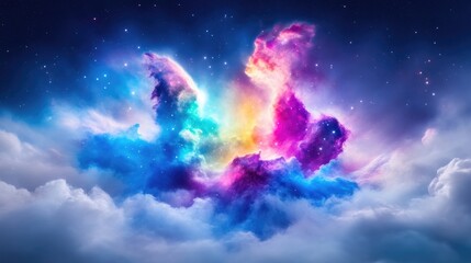 Obraz premium A vibrant nebula dominates this digital artwork, showcasing swirling, iridescent clouds of pink, blue, and purple. Stars twinkle in the dark background, enhancing the cosmic feel. The high-resolution