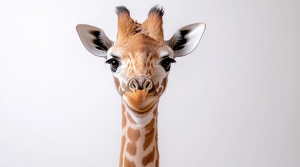 A young giraffes portrait shows its large, expressive eyes and spotted neck. The image is sharply focused, with a simple white background. The lighting is even and bright, creating a clean aesthetic