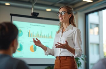 Obraz premium Businesswoman presents data charts, graphs. Pro woman in glasses giving presentation in modern office. Audience listens. Business meeting, workplace, corporate, discussing business plan.