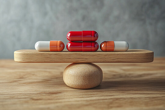 Balanced Medicine Pills on Wooden Seesaw &ndash; Concept of Health and Dosage Control
