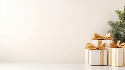 Three elegantly wrapped gift boxes with golden ribbons on a minimalist white background, festive holiday decoration, and simple and sophisticated composition.