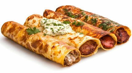 Golden-brown savory wraps filled with delicious meat and topped with creamy herb sauce, a delightful culinary experience presented against a bright white background.