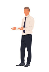Handsome business man in formal attire, white shirt and tie, standing full length gesturing with his arms. Cartoon male character Vector flat illustration isolated on white background
