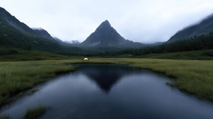 Obraz premium Tranquil mountain lake landscape with a tent. Misty mountain peaks reflect in a calm lake surrounded by lush greenery