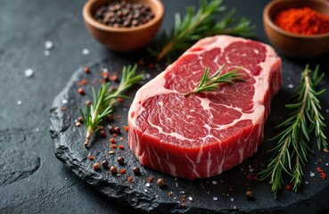 Raw marbled rib eye steak, rosemary and spices on black stone background. Prime cut beef, uncooked, perfect for cooking. Butcher shop ingredient product shot, food industry.