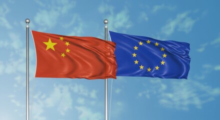 National Flags of China and the European Union Flying Side by Side Against a Clear Blue Sky