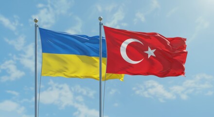 National Flags of Ukraine and Turkey Flying Side by Side Against a Clear Blue Sky