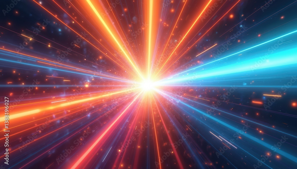 Poster abstract digital art representation of a hyper space journey. glowing light rays in blue red colors.