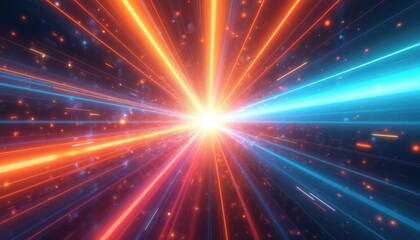 Abstract digital art representation of a hyper space journey. Glowing light rays in blue red colors. Futuristic tech tunnel background with bright flash. Modern design for digital screensavers.