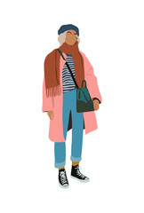 Stylish young woman dressed in trendy clothes. Casual street fashion autumn vintage style funky outfit. Pretty blonde girl cartoon character. Flat colorful vector realistic illustration.