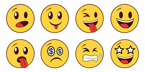 Cartoon Yellow Emoji Faces Vector Set Smiley Emoticons with Happy Sad Funny Winking Star Eyes Money Eyes Crying Expressions