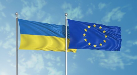 National Flags of Ukraine and the European Union Flying Side by Side Against a Clear Blue Sky