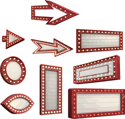 Colorful vintage marquee signs with lights and various shapes.