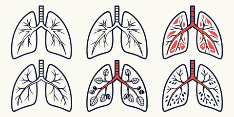 Lung Diseases Illustrations Cartoon Lungs - Healthy & Diseased with Red, Black Spots & Leaves