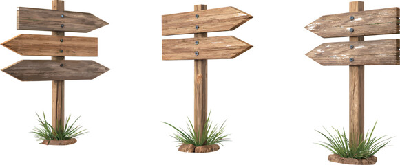 Three rustic wooden signposts with blank arrows, perfect for directional guidance.