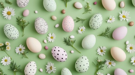 Creative layout with colorful eggs and flowers on green background. Easter celebration concept.
