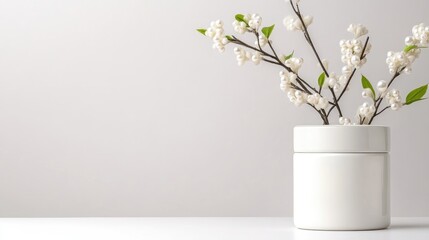 A white cylindrical vase holds a sprig of white blossoms. The simple composition features a minimalist aesthetic. The high-quality image boasts sharp focus and even lighting. The overall mood is se