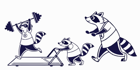 Cartoon Raccoons Gym Fitness Vector: Treadmill Weightlifting Walking Animals Workout Scene