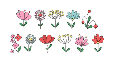 Abstract brightly colored flowers, berries, leaves. Floristic set of simple drawings of plants. Illustration, doodle on white isolated background.