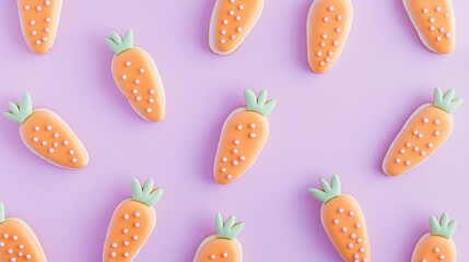 Pattern with carrot shaped cookies and frosting on lilac background. Top view. Easter theme. Flat design. 