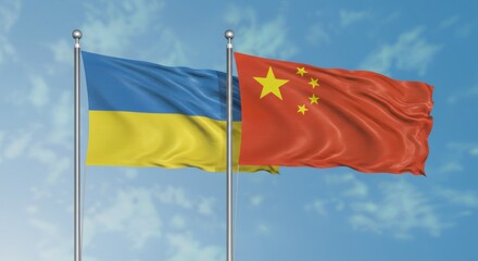 National Flags of Ukraine and China Flying Side by Side Against a Clear Blue Sky