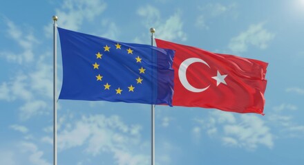 National Flags of the European Union and Turkey Flying Side by Side Against a Clear Blue Sky