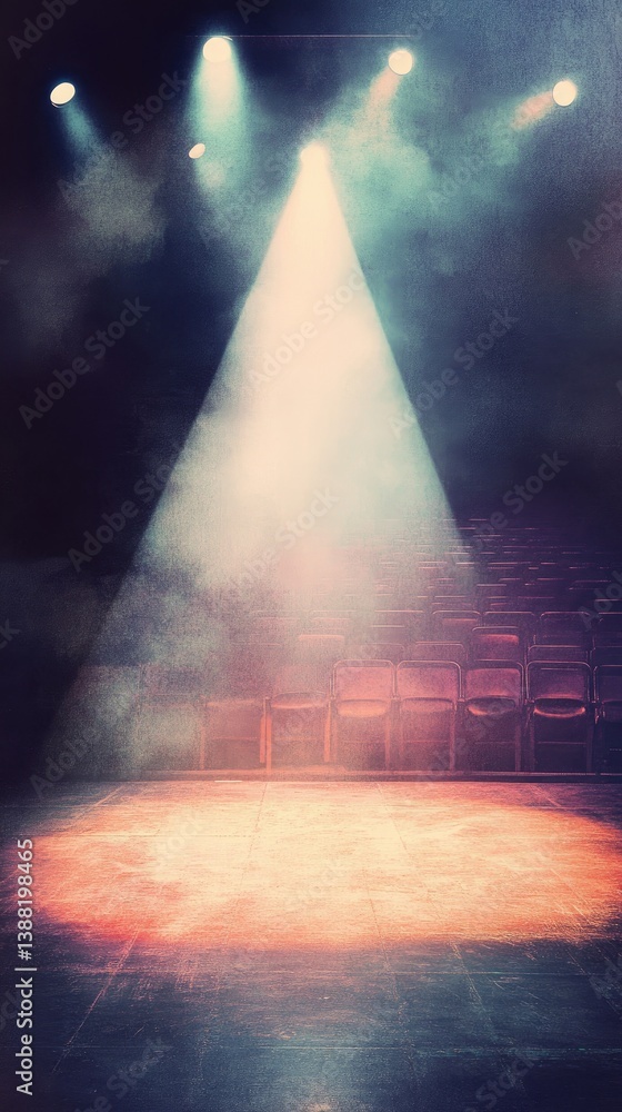 Poster stage spotlight shines on empty auditorium seats with hazy background effect for dramatic setting