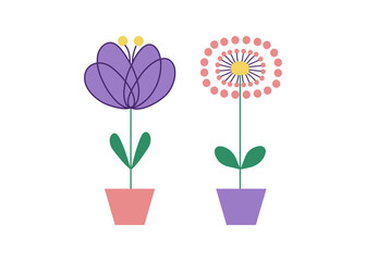 Abstract brightly colored flowers in pots. Set of simple drawings of potted plants. Care of houseplants. Illustration on white isolated background.