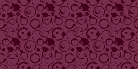 Wine stains pattern vector Illustration in red. Wine rings seamless background with spilled wine for fabric print design, winery label, vineyard banner, wineshop ad, bar poster